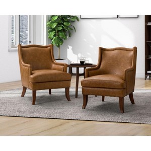 Set of 2 Nikolaus Vegan Leather Armchair with Solid Wood Legs and and Nailhead Trim for Living Room and Bed Room| ART OF LIVING DESIGNS-CAMEL - 1 of 4