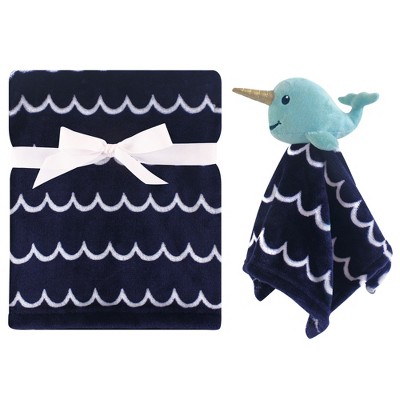 Hudson Baby Infant Boy Plush Blanket with Security Blanket, Boy Narwhal, One Size