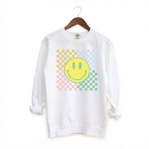 Simply Sage Market Women's Garment Dyed Four Square Smiley Face Graphic Sweatshirt - 1 of 2