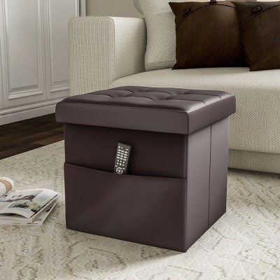 Hastings Home Foldable Faux Leather Storage Ottoman Cube With Pocket – Chocolate Brown