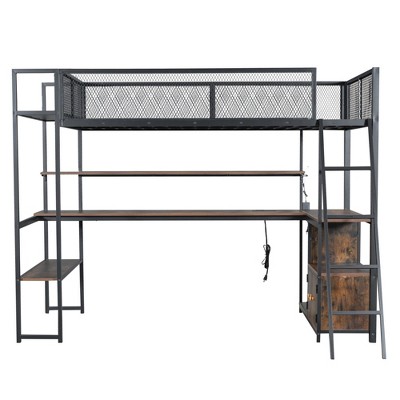 ZHUTA Twin Size  Loft Bed with Desk and Storage,Metal Gaming Twin Loft Bed ,High Loft Bed with Shelves,Cabinet for Boys,Teens,Adults(Only bed frame)