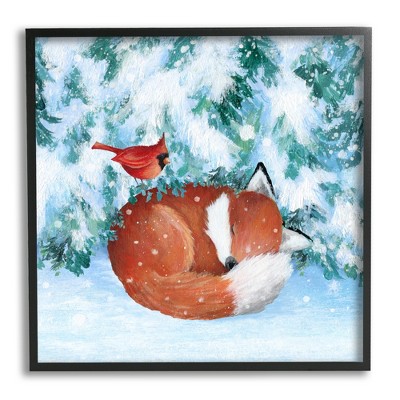 Stupell Industries Sleeping Fox in Snow Black Framed Giclee Art