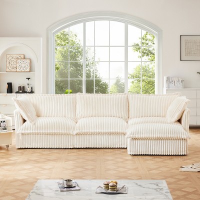 Slipcovered Sectional Sofa, 3 Seater Sofa with Removable Cover, Sofa Couch with Ottoman, Corduroy Fabric Sectional Sofas-Cuddlewood