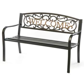 Steel Outdoor Patio Garden Park Seating Bench with Cast Iron Welcome Backrest, Front Porch Yard Bench Lawn Decor