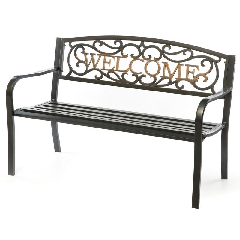 Steel Outdoor Patio Garden Park Seating Bench with Cast Iron Welcome Backrest, Front Porch Yard Bench Lawn Decor, 1 of 10