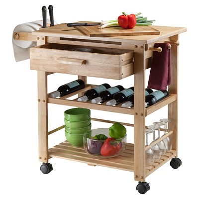 Transitional Brown Wood Kitchen Cart with Wine Storage and Knife Block