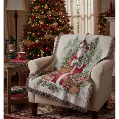 50x60 Inch Holly and Pine Santa Throw – Cotton Woven Christmas Decor by Manual Woodworkers and Weavers