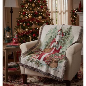 50x60 Inch Holly and Pine Santa Throw – Cotton Woven Christmas Decor by Manual Woodworkers and Weavers - 1 of 3
