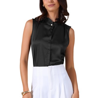 INSPIRE CHIC Women's Satin Sleeveless Elegant Pleated Mock Neck Ruffle Trim Work Blouses
