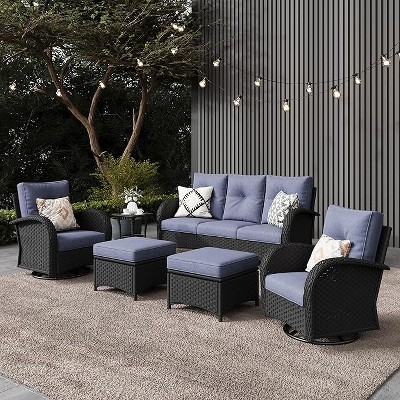 LayinSun Outdoor Patio Furniture Set, Black Rattan Wicker Sectional Swivel Rocker Chairs Sets