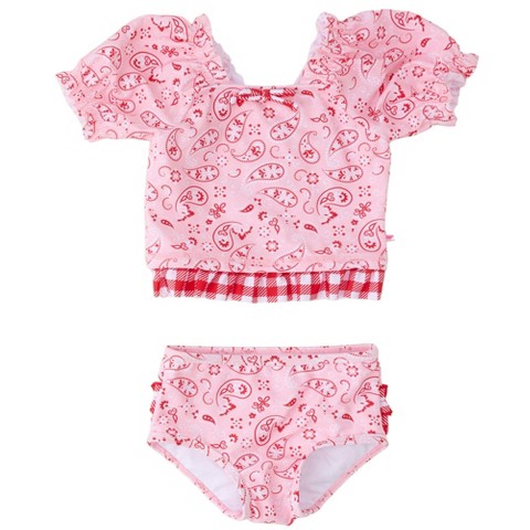 RuffleButts Girls UPF50+ Puff Sleeve Ruffle Tankini 2-Piece Swimsuit - Pink Bandana, 10