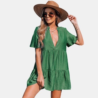 Women's Forest Green Paneled Plunge Neck Cover-up Dress - Cupshe : Target