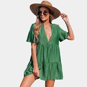 Women's Forest Green Paneled Plunge Neck Cover-Up Dress - Cupshe
