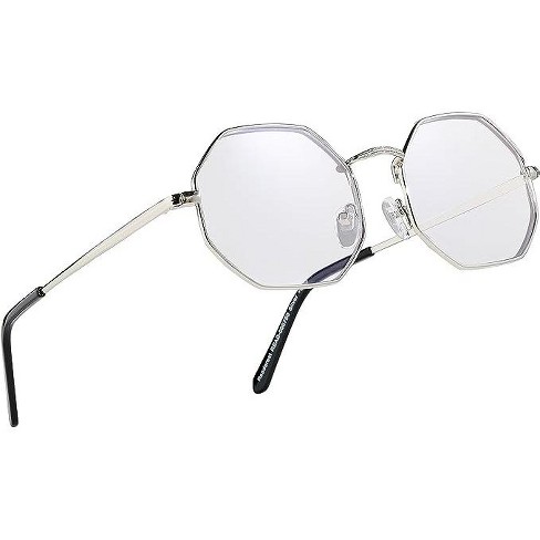 Readerest 0 Magnification Blue Light Blocking Reading Glasses, Silver  Hexagon Plastic frame