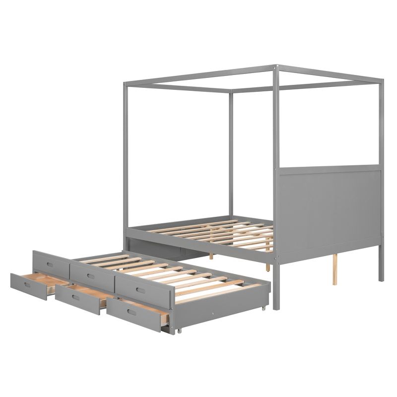 Queen Size Canopy Platform Bed with Twin Size Trundle Bed and Three Storage Drawers-ModernLuxe, 5 of 11