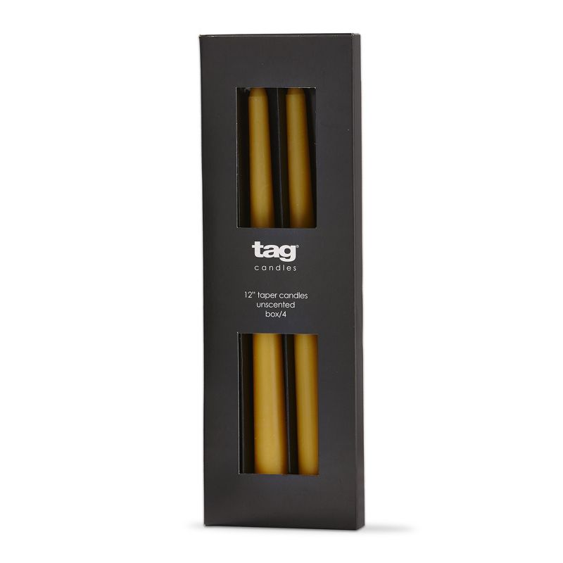 tag Color Studio 12" Traditional Taper Unscented Smokeless Paraffin Wax Candle Ochre Yellow, Set of 4, Burn Time 8 hrs., 1 of 4