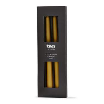 tag Color Studio 12" Traditional Taper Unscented Smokeless Paraffin Wax Candle Ochre Yellow, Set of 4, Burn Time 8 hrs.
