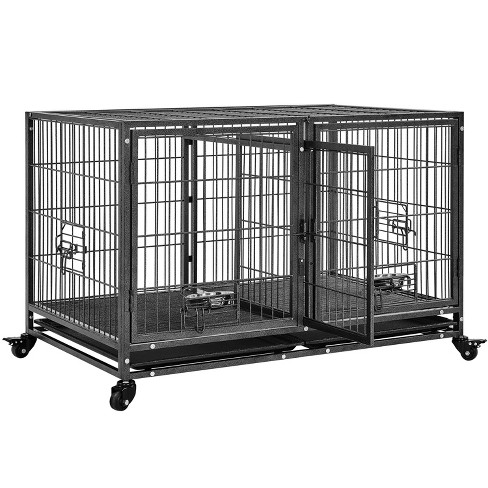 PawHut 43 Heavy Duty Dog Cage, Foldable Steel Crate Kennel with Removable  Tray, Double Doors, 4 Lockable Wheels for Medium & Large Dogs, Dark Silver