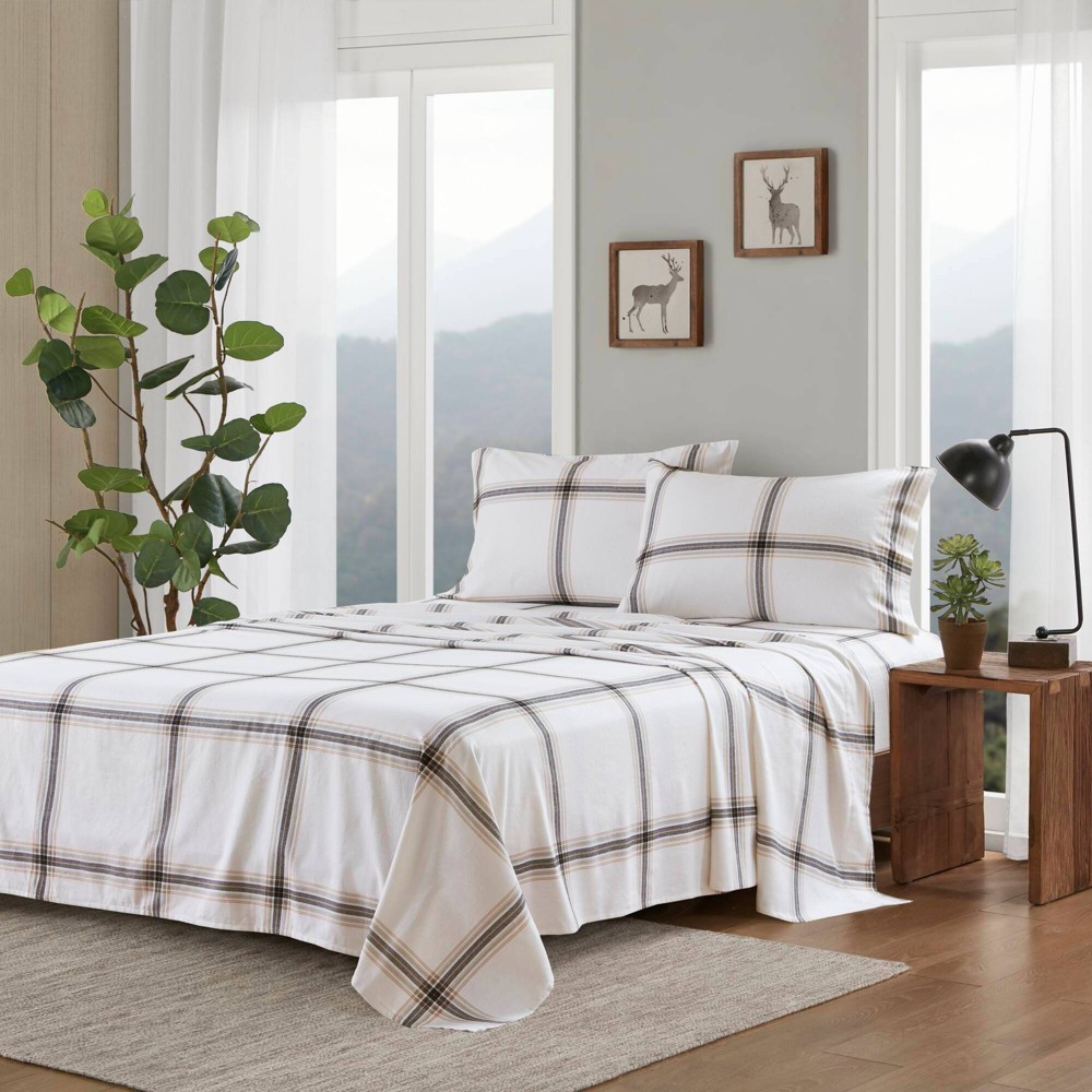 Woolrich Queen Cotton Flannel Sheet Set Tan Plaid