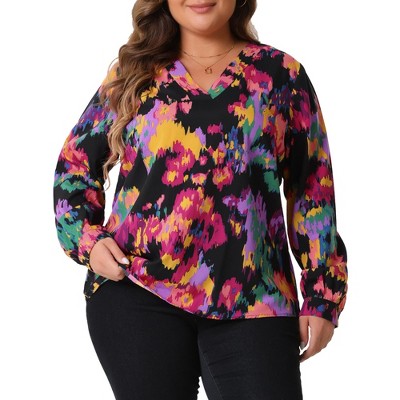 Agnes Orinda Women's Plus Size Fashion Casual Boho Abstract Print V Neck Long Sleeve Chiffon Blouses