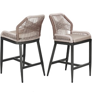 Outdoor Bar Stools Set of 2, Purple Leaf Wicker Rattan Patio Bar Stools, Bohemia High Top Patio Patio Garden Chairs with Back and Footrest, Dark Grey - 1 of 4