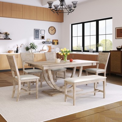 VYNXARIA 6-Piece Wood Half Round Dining Table Set Kitchen Table Set with Long Bench and 4 Dining Chairs, Modern Style, Natural