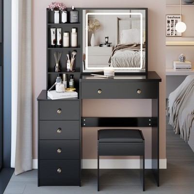 VYNXARIA 37" Middle Size Left Bedside Cabinet Vanity Table&Cushioned Stool,Large Sliding,High Capacity Storage, Suitable for Middle Space,Black