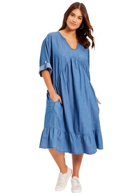 June + Vie By Roaman's Women's Plus Size Ruffled Denim Talluhla Dress ...