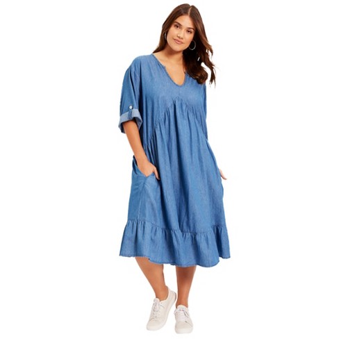 June + Vie By Roaman's Women's Plus Size Ruffled Denim Talluhla Dress -  14/16, Blue : Target