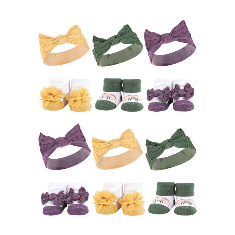 Hudson Baby Infant Girl 12Pc Headband and Socks Giftset, Purple Green Yellow, One Size, 1 of 3