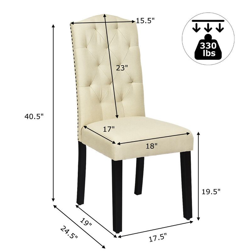 Costway Set of 2 Tufted Dining Chair Upholstered Nailhead Trim Rubber Wooden Leg, 3 of 11