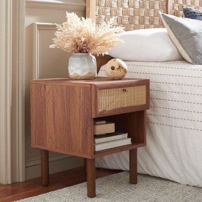 Walnut and Natural Rattan Nightstand with Drawer and Shelf