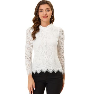 Allegra K Women's Lace Long Sleeve Keyhole Back Ruffle Neck Floral Blouse - 1 of 4