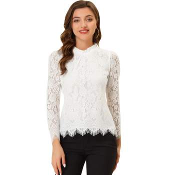 Allegra K Women's See Through Mock Neck Long Sleeve Floral Lace