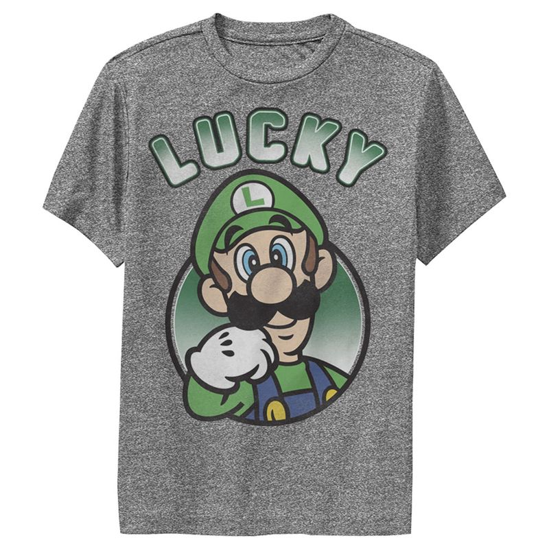 Boy's Nintendo Super Mario St. Patrick's Day Lucky Luigi Retro Performance Tee, 1 of 5