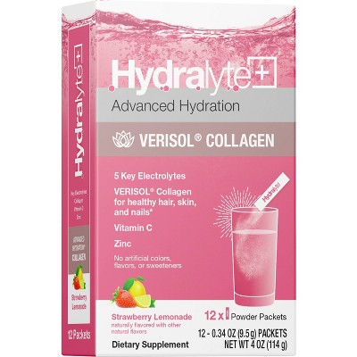 Hydralyte Hydration + VERISOL Collagen Powder Packs - Strawberry Lemonade - 12ct