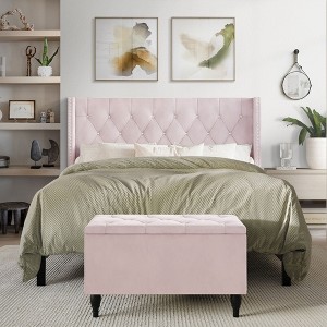 ChaletPosh Velvet Upholstered Bed with Storage Bench - 1 of 4