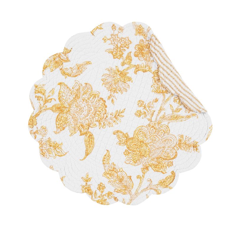 C&F Home Miriam Ochre Round Quilted Reversible Yellow Damask Placemat Set of 6, 1 of 10