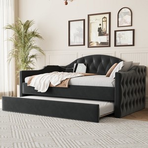 TIRAMISUBEST Twin Size Tufted Upholstered Daybed with Trundle , Velvet Daybed Frame Sofabed with USB&Type-C Charging Ports,No Box-spring Needed - 1 of 4