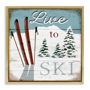 Stupell Industries Live To Ski Rustic Snow Sports Floating Frame Canvas Art, Gold, 18" x 18" - 1 of 4