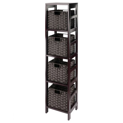 54.8" 5pc Leo Storage Shelf with Baskets Espresso/Chocolate - Winsome: Transitional Style, Wood Frame, Fixed Shelves