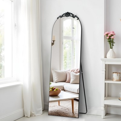 23 in W x 67 in H Oversized Carved Arch Wood Full Length Black Wall Mounted Standing Mirror Floor Mirror