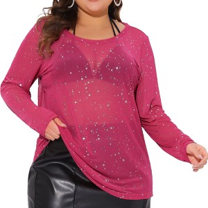 Agnes Orinda Women's Plus Size Sheer Mesh See-Through Long Sleeve Crew Neck Tee Blouse - 1 of 4