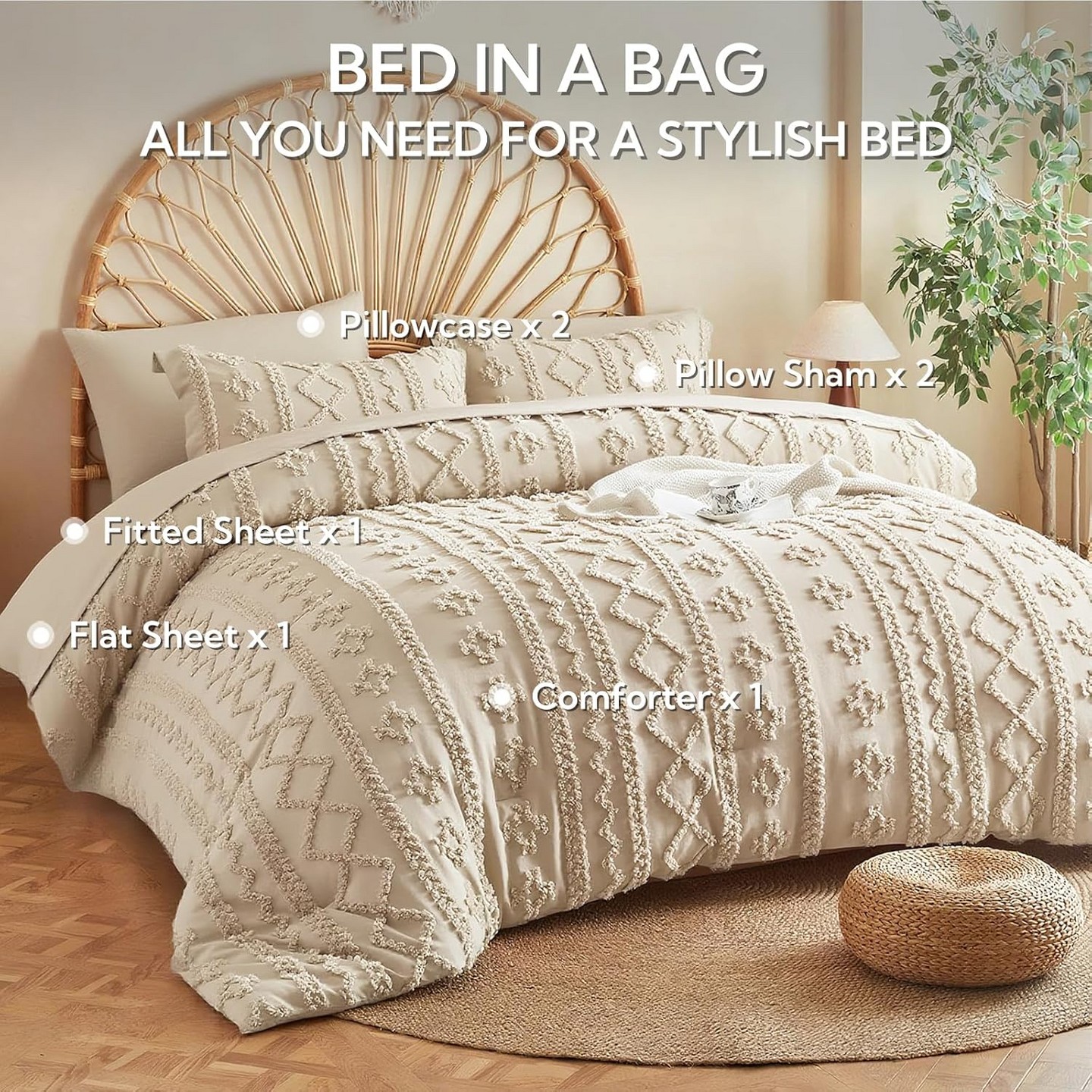 Постельное бельё Der Rose Balham TRADE-Queen Comforter Set Tufted Boho Farmhouse 7 Piece Bed in a Bag for All Seasons Beige-Queen, цвет: Бежевый — фото 2