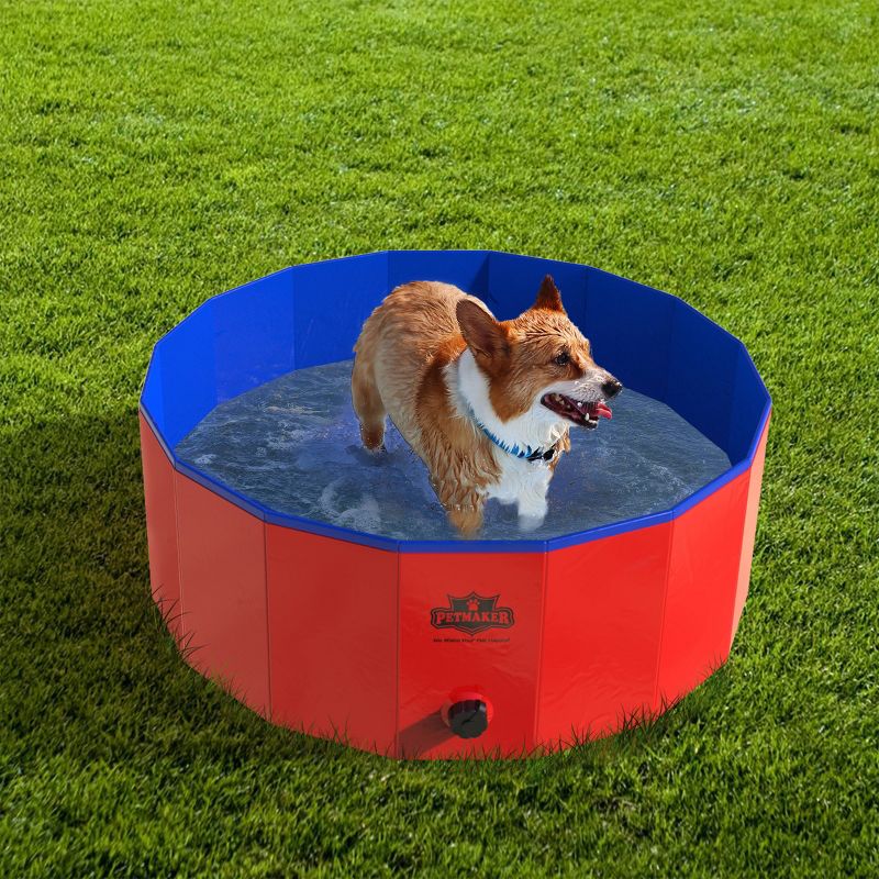 Dog Pool - Portable, Foldable 30.5-Inch Doggie Pool with Drain and Carry Bag - Pet Swimming Pool for Bathing or Play by PETMAKER (Red), 3 of 4