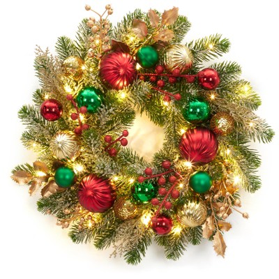 16'' Pre-Lit Christmas Wreath for Front Door, Lighted Christmas Door Wreath with Ball Ornaments,Snow Flocked Winter Wreath for Fireplace Window Party
