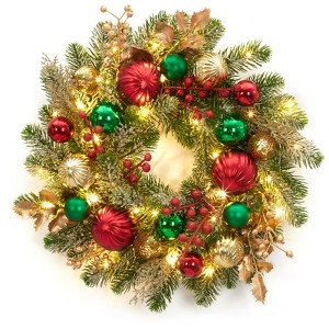 16'' Pre-Lit Christmas Wreath for Front Door, Lighted Christmas Door Wreath with Ball Ornaments,Snow Flocked Winter Wreath for Fireplace Window Party - 1 of 4