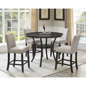 Roundhill Furniture Biony Espresso Wood Counter Height Dining Set with Tan Fabric Nailhead Stools - 1 of 4