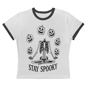 Rerun Island Women Stay Spooky Skeleton Pumpkins Short Sleeve Graphic Cotton Retro Vintage Ranger Baby Tee - 1 of 4