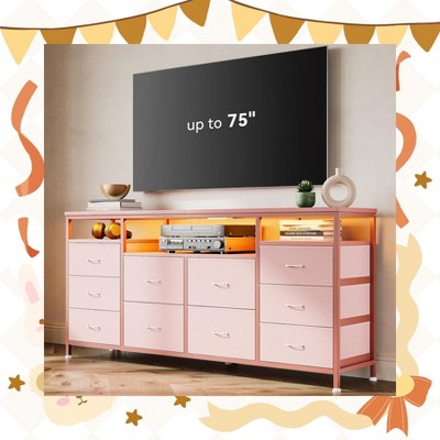 Garvee 10 Drawer TV Stand for 65-75 Inch TV - 63" W Long Fabric Dresser Entertainment Center with LED Lights & Power Outlets